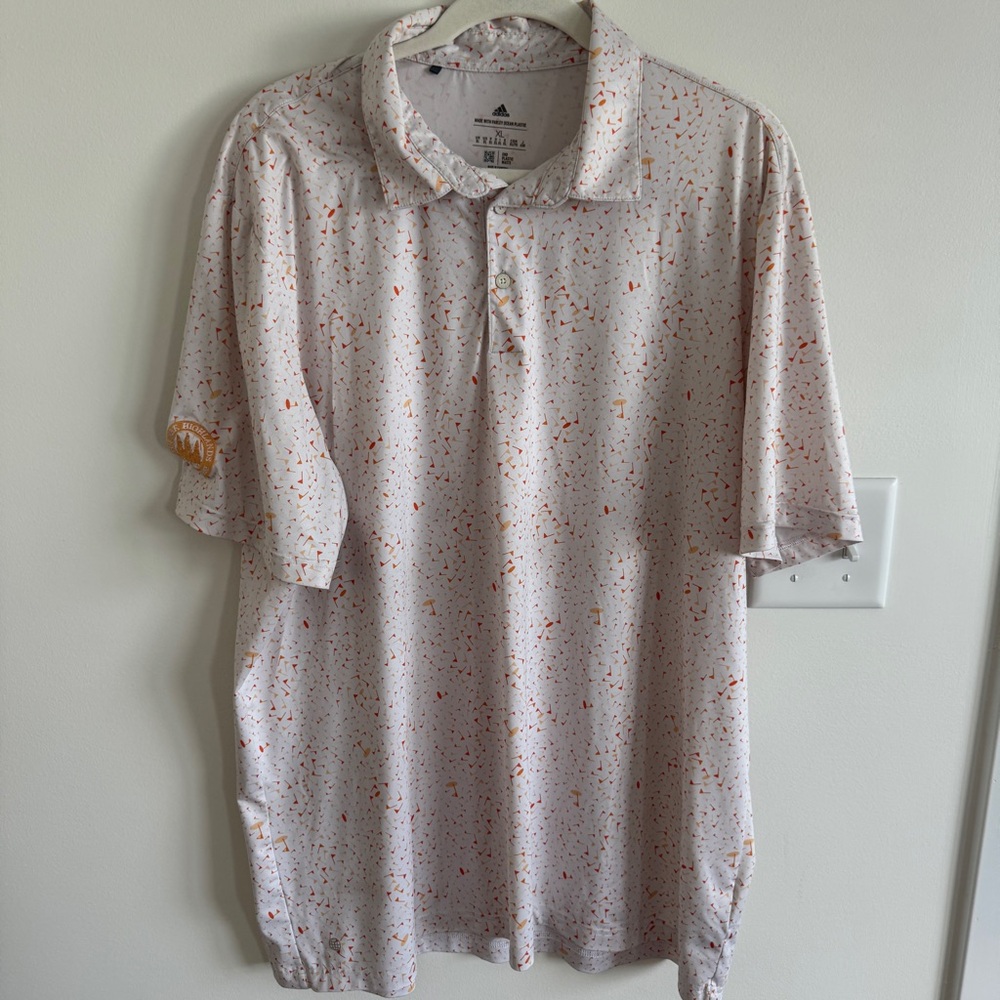 adidas White Polo with Orange and Red Flag Print